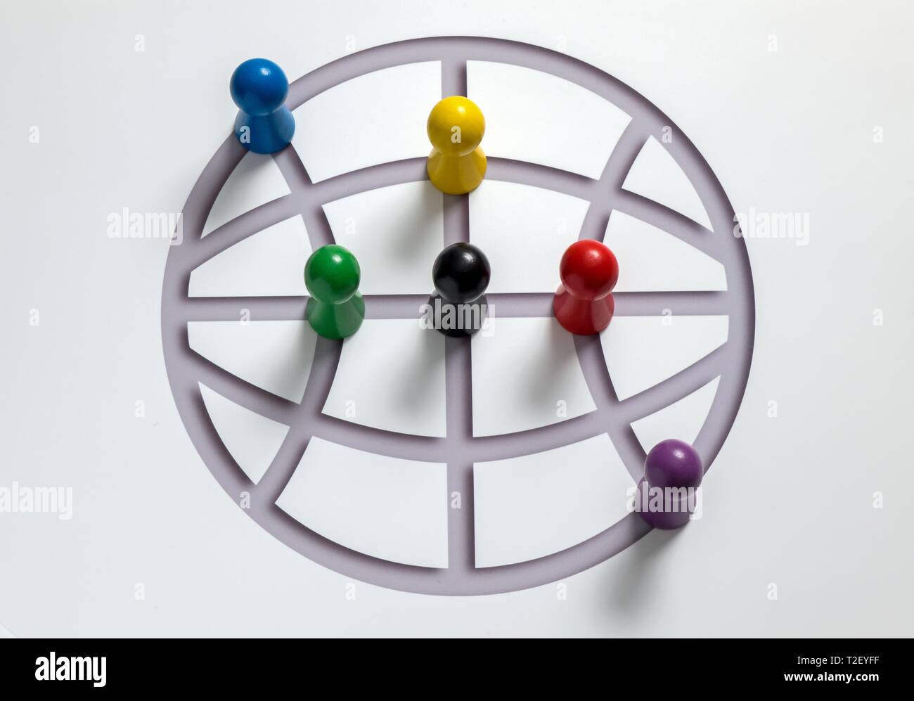 Figures black, yellow, red, green, purple, blue, symbol for political parties on a playing field, Germany Stock Photo