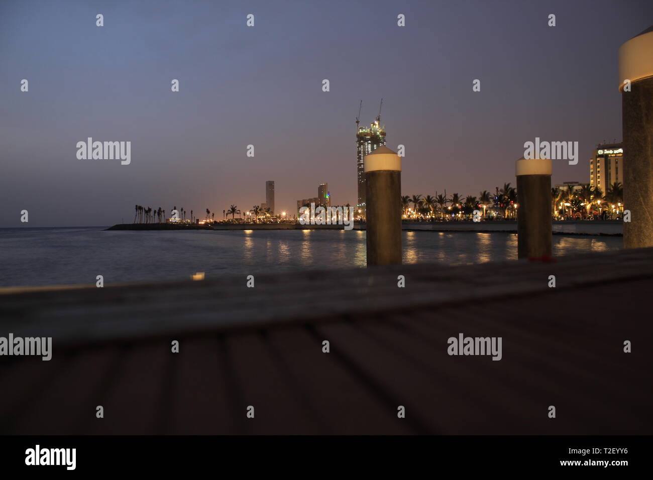 Jeddah City Skyline from Beachfront on Dock or Pier Stock Photo