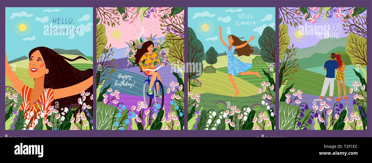 Summer and spring! Cute vector illustration of a womans, on a bicycle with flowers, young couple on a nature landscape for a poster, card, flyer or ba Stock Vector