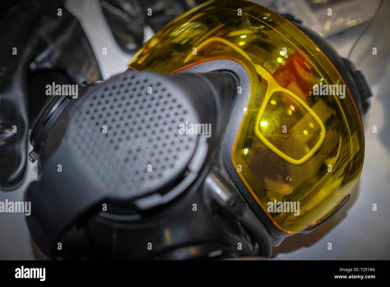 Hazardous environment gas mask with safety glass Stock Photo