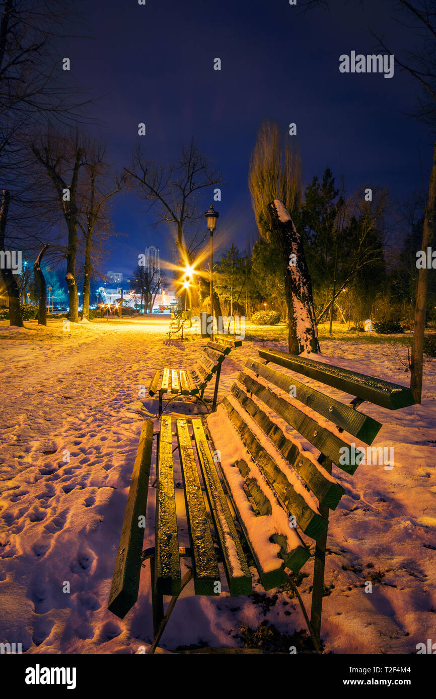 Wooden bench in the park covered in snow with snow on the ground and a ...