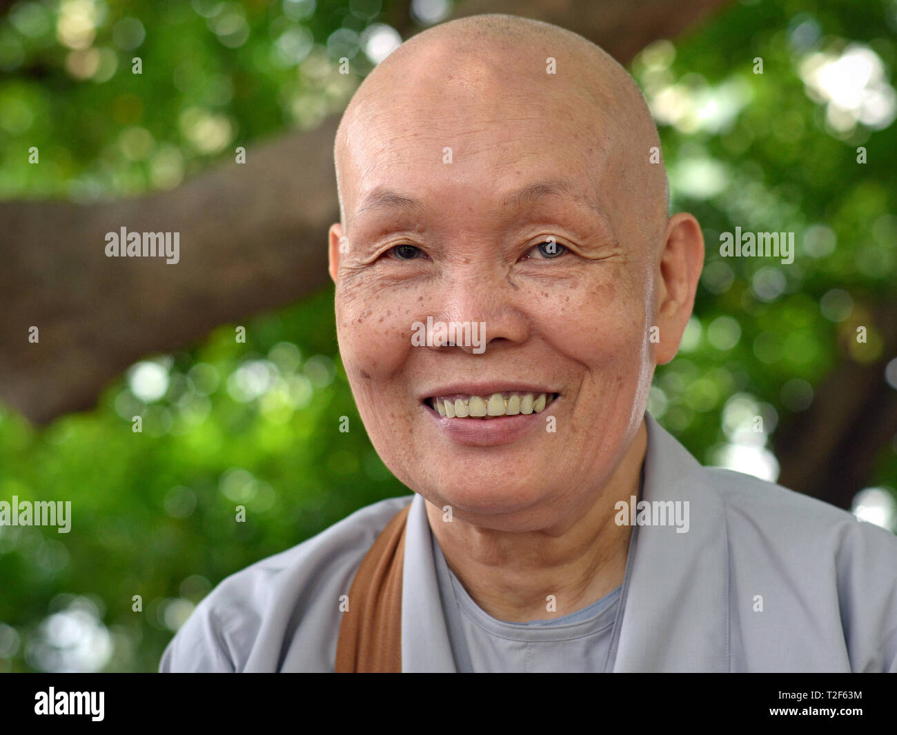 Elderly Vietnamese Buddhist nun with a shaved head smiles for the camera. Stock Photo