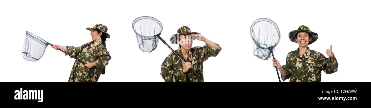 Woman in military clothing with catching net Stock Photo - Alamy