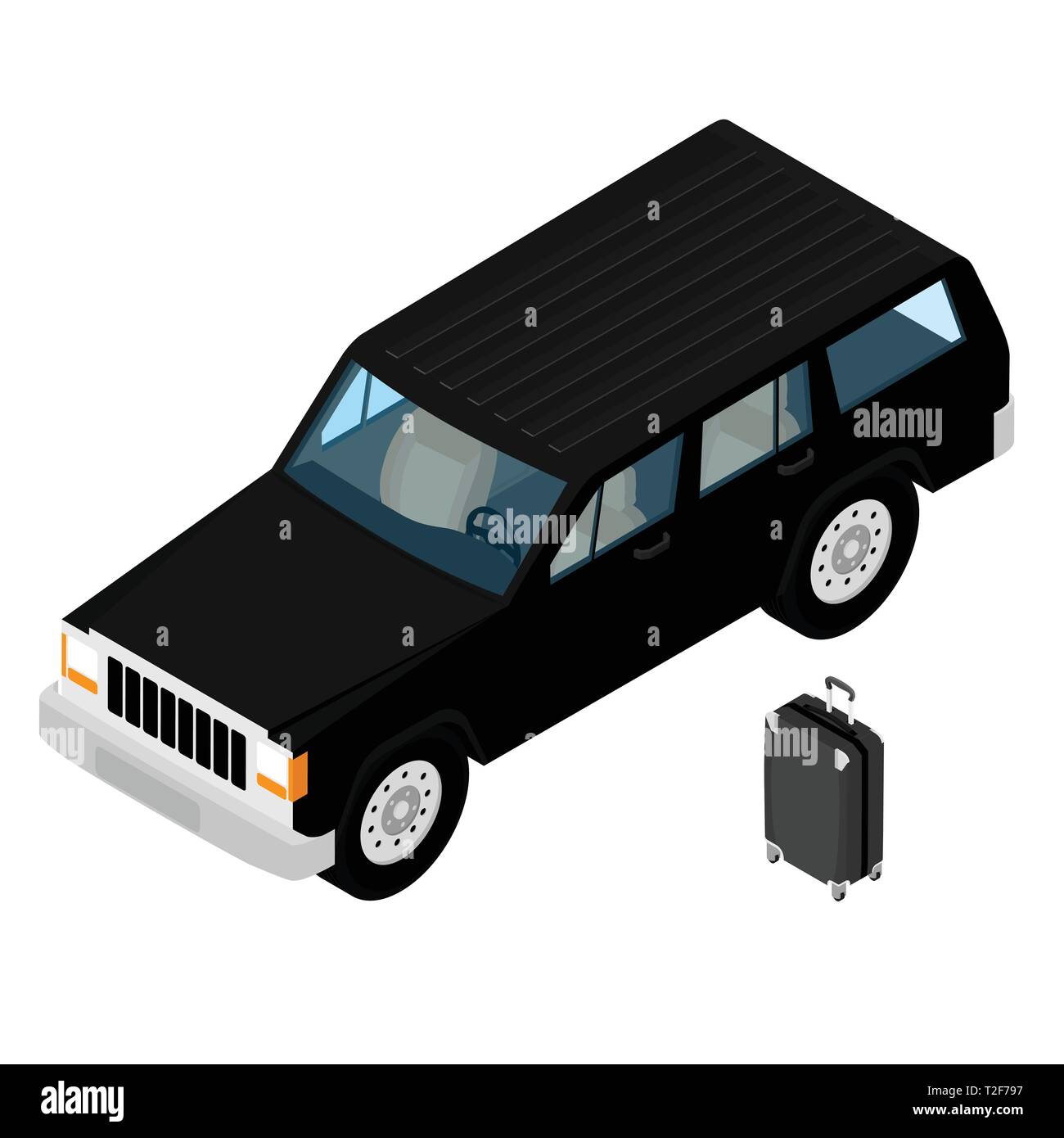 Isometric black jeep car and traveling luggage isolated on white Stock