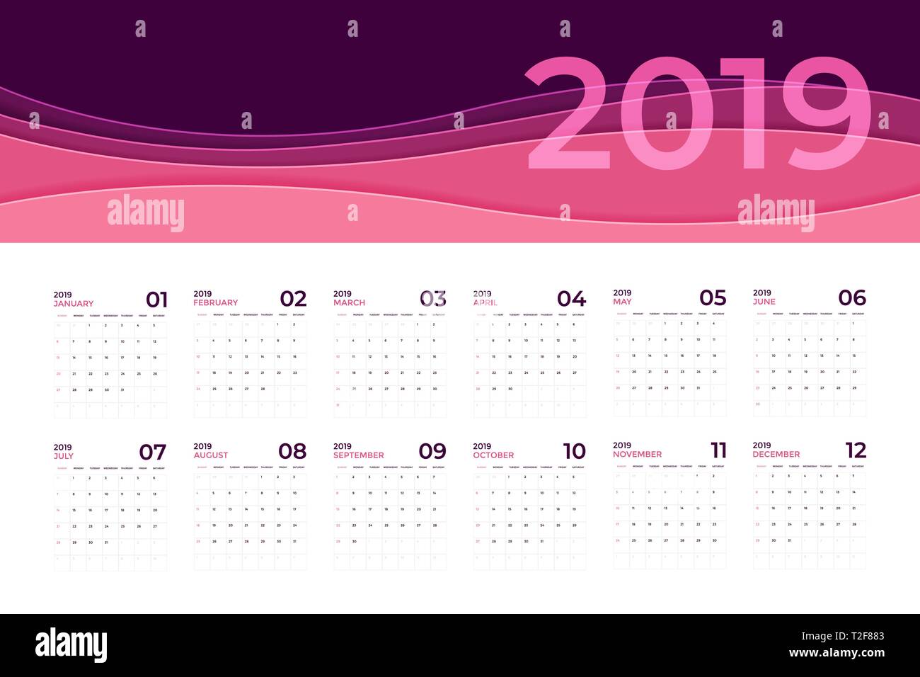 Calendar 2019 template. Calendar planning week. Stock Vector