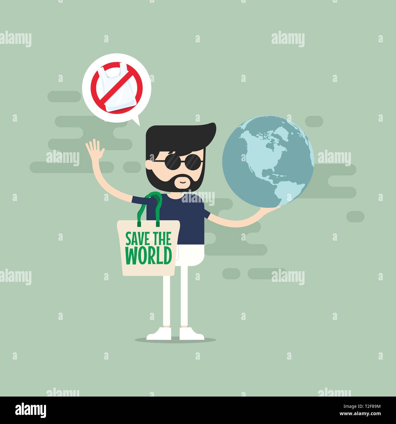 Say no to plastic bags. Hipster man holding a globe. Stock Vector