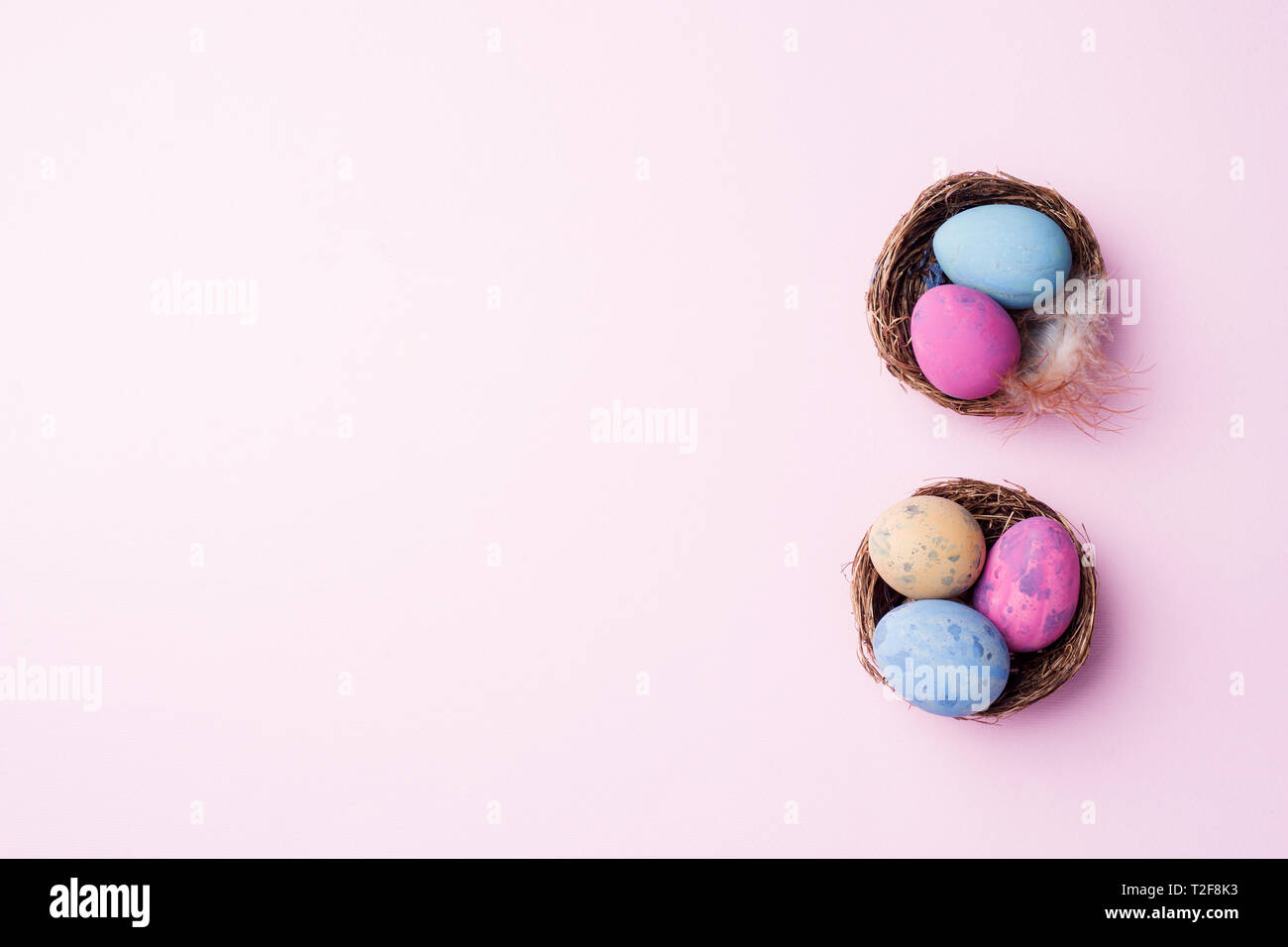 Colorful easter egg in the nest on pink background with copy space ...