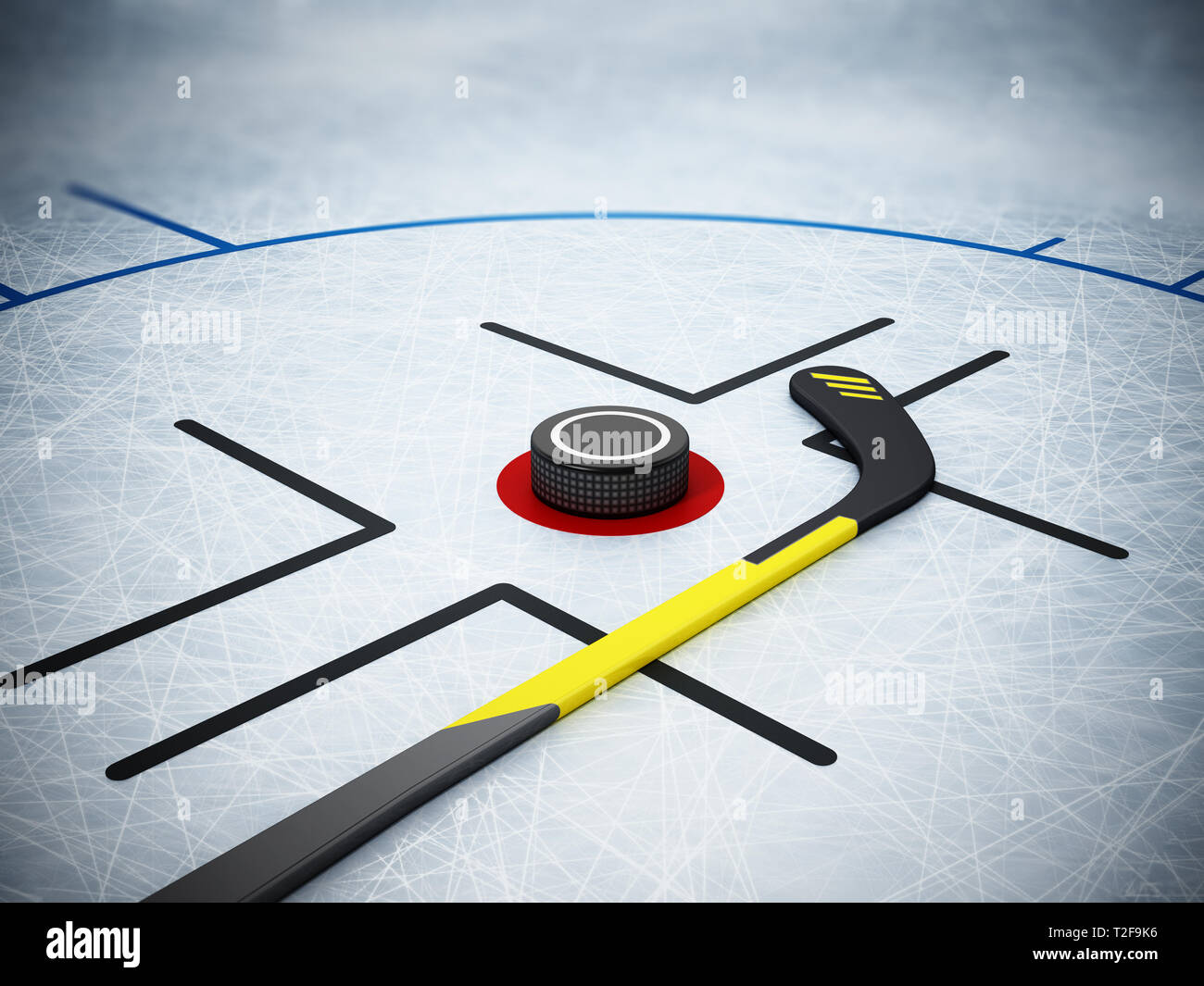 Ice hockey stick and puck on scratched ice background. 3D illustration
