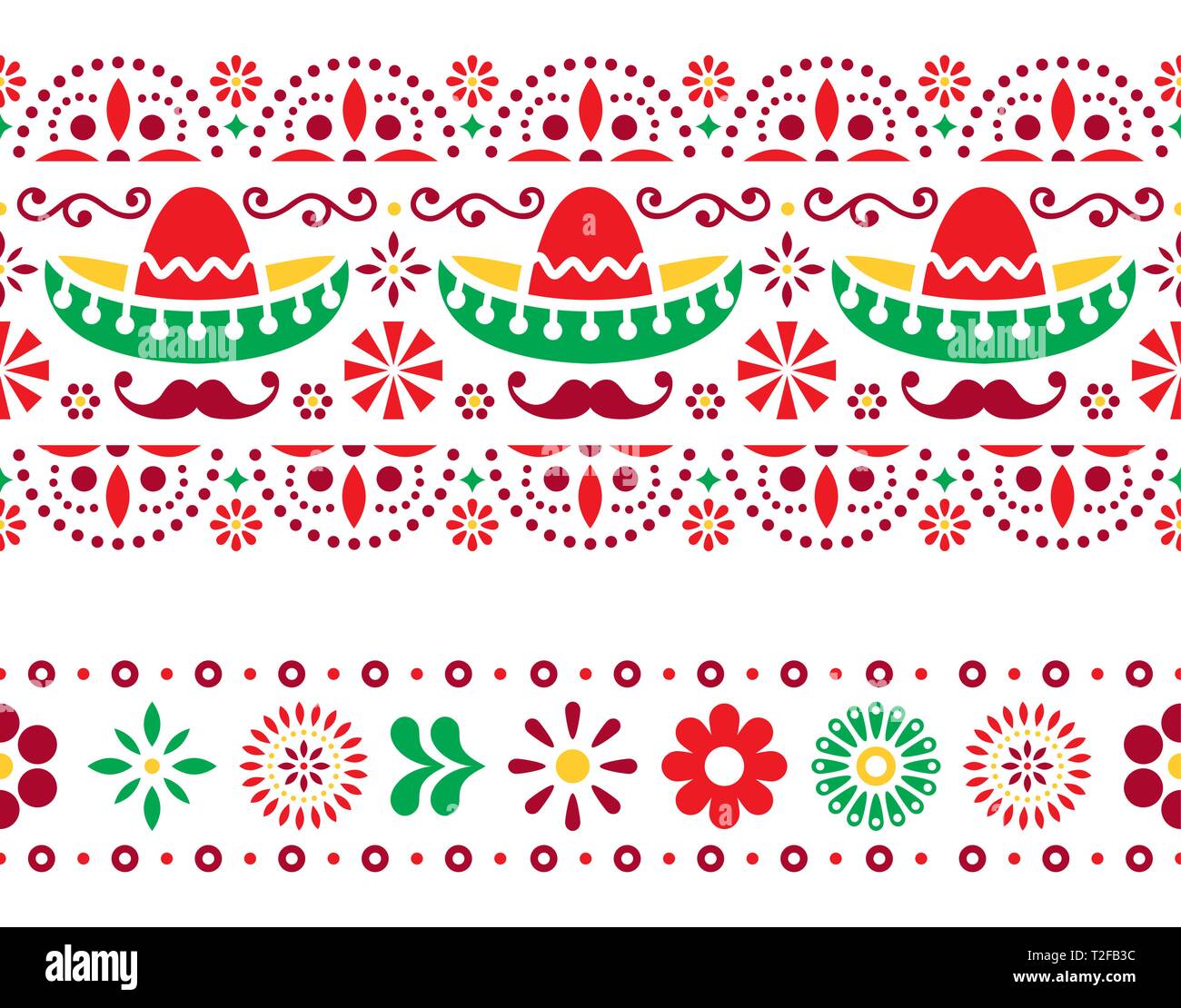 Mexican seamless vector pattern with sombrero, mustache and flowers - textile, wallpaper design Stock Vector