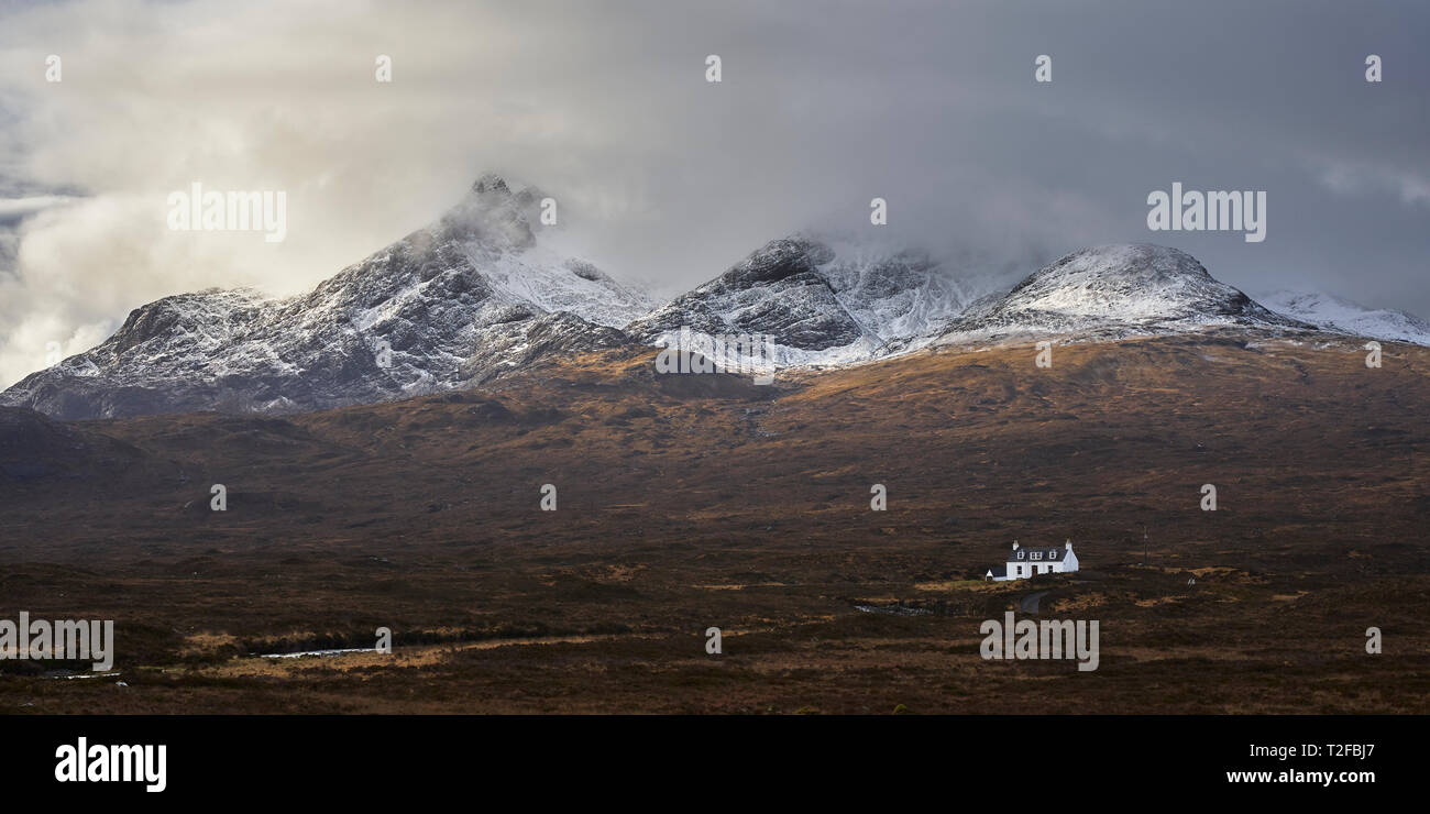 The Cuillin and the Alltdearg House near Sligachan, Isle of Skye, Scotland. Stock Photo