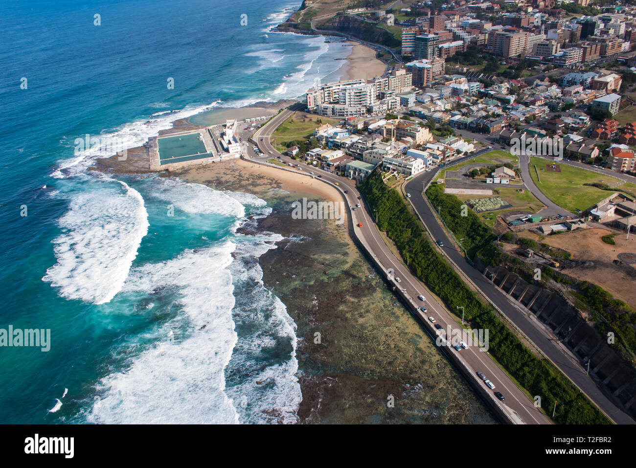 An aerial view of Newcastle Ocean Baths and Newcastle Beach. Newcastle