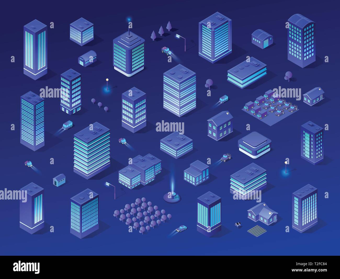Isometric city set of violet colors - Isometric City Set Of Violet Colors 3d Building Modern Town Street Urban Road Architecture Ultraviolet Illustration Map Of Isometry For The Business T2FC84 