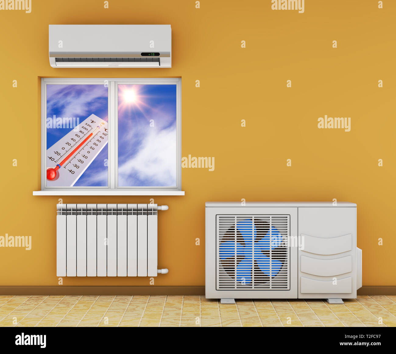 Air conditioning and thermometer in the window. 3d render Stock Photo Alamy