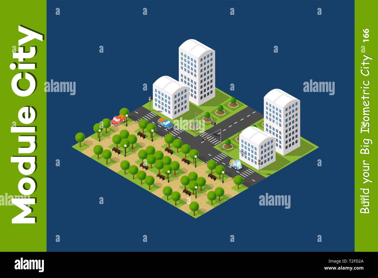 Vector isometric urban architecture building of the modern city with streets, skyscrapers, and town, houses. For business illustration and construction map s Stock Vector