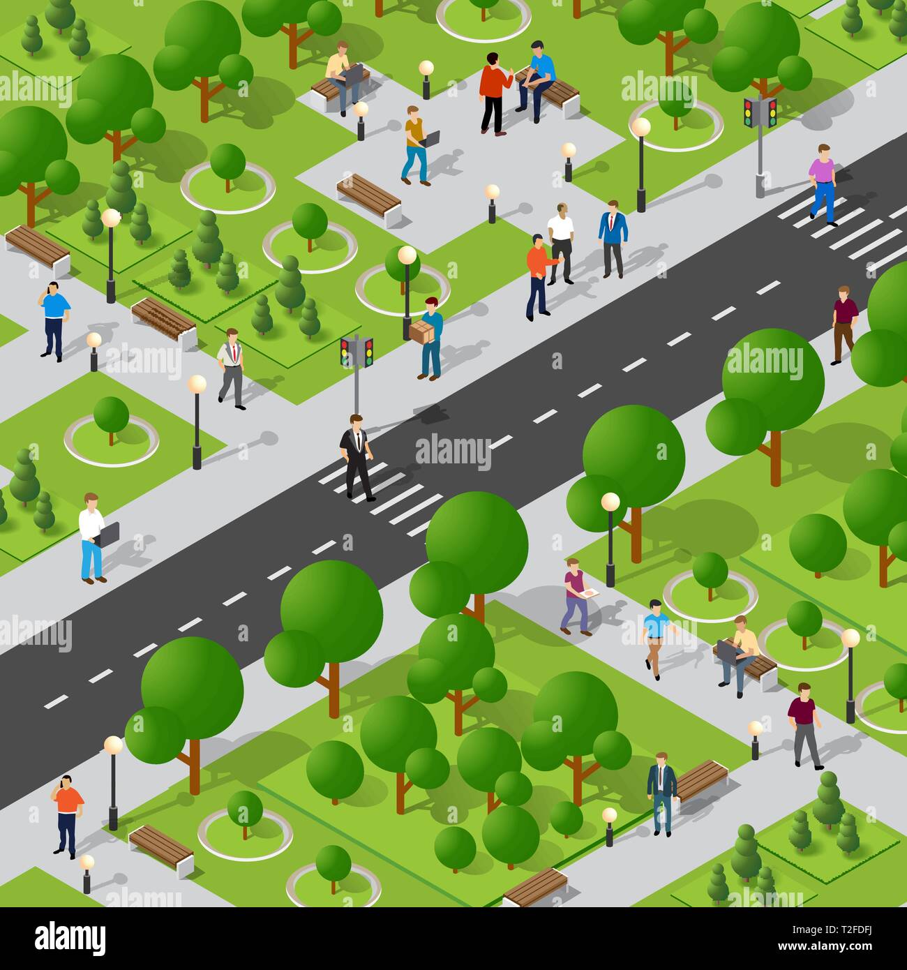 Isometric park with trees and people with benches Stock Vector Image ...