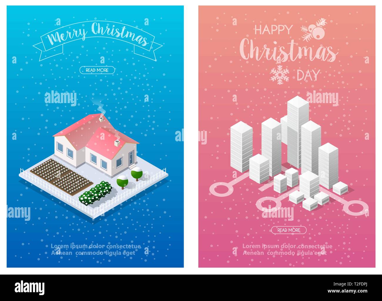 Winter Christmas landscape snow covered futuristic isometric city from