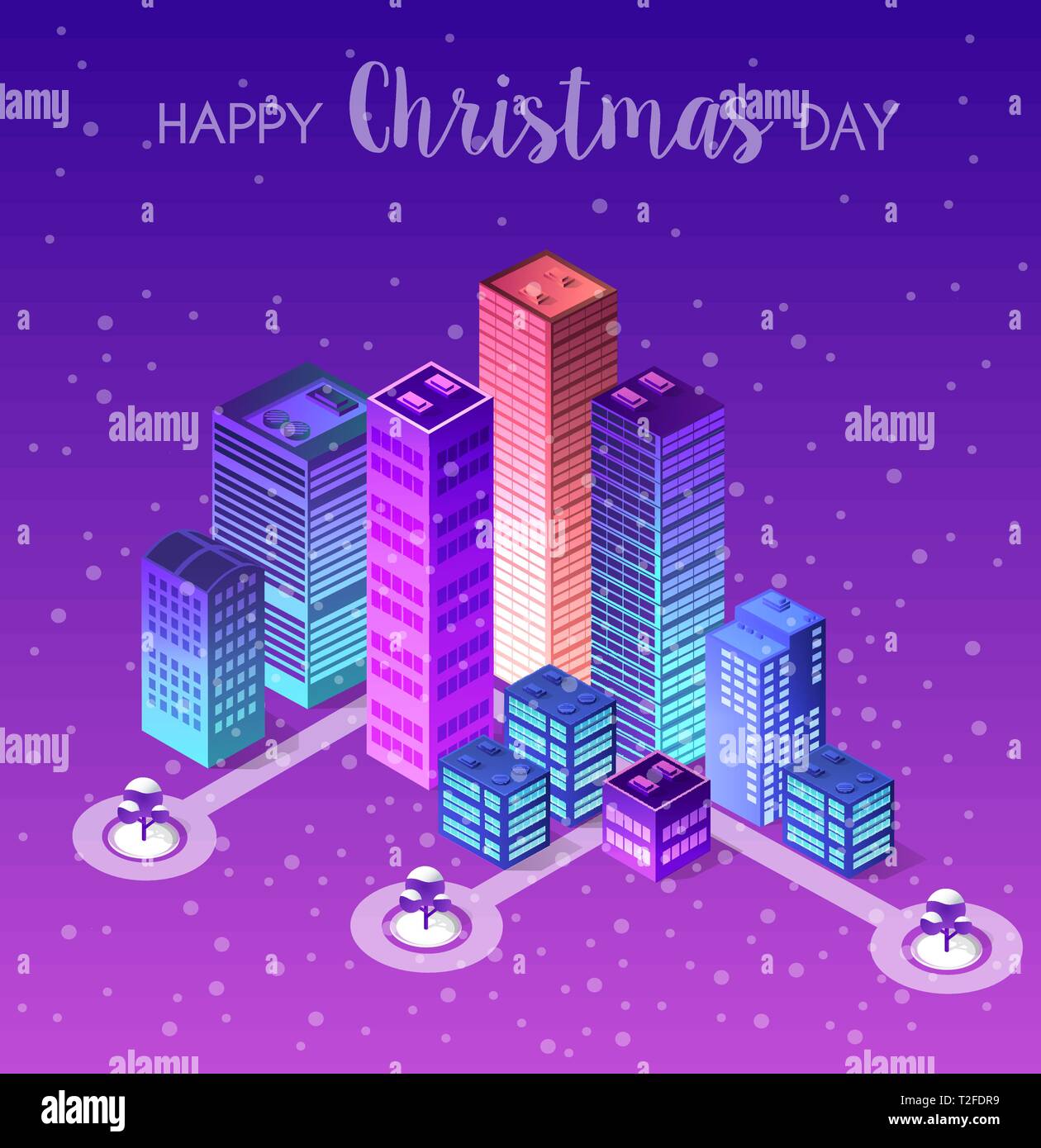 Winter Christmas landscape snow covered futuristic isometric city from