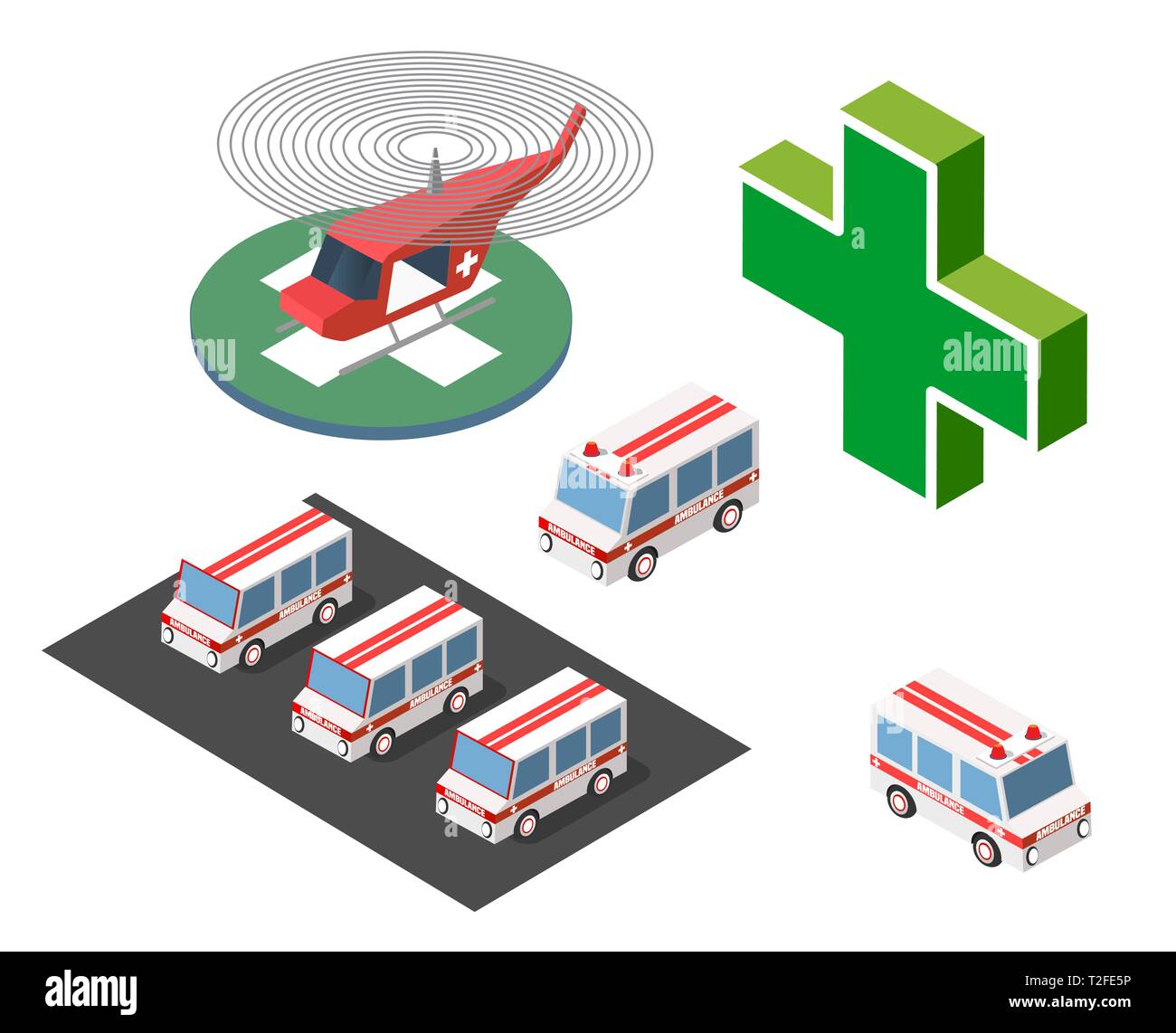 Ambulance helicopter and car set of isometric medical first aid vehicles Stock Vector