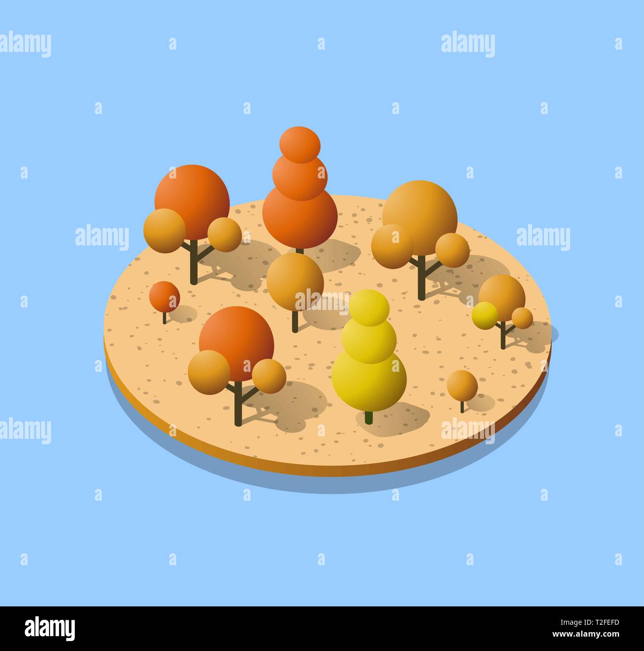 Isometric autumnal forest with trees, fir and bushes. Autumn time of the year. Conceptual vector illustration. Stock Vector