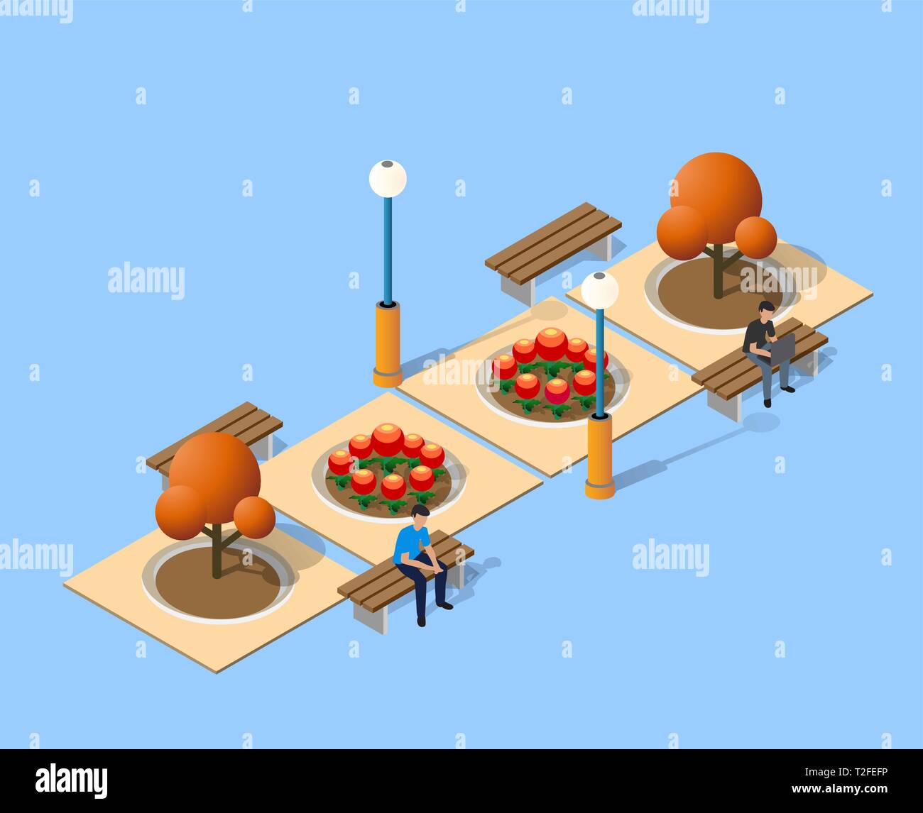 Isometric autumnal park with trees, fir and bushes. Autumn time of the ...