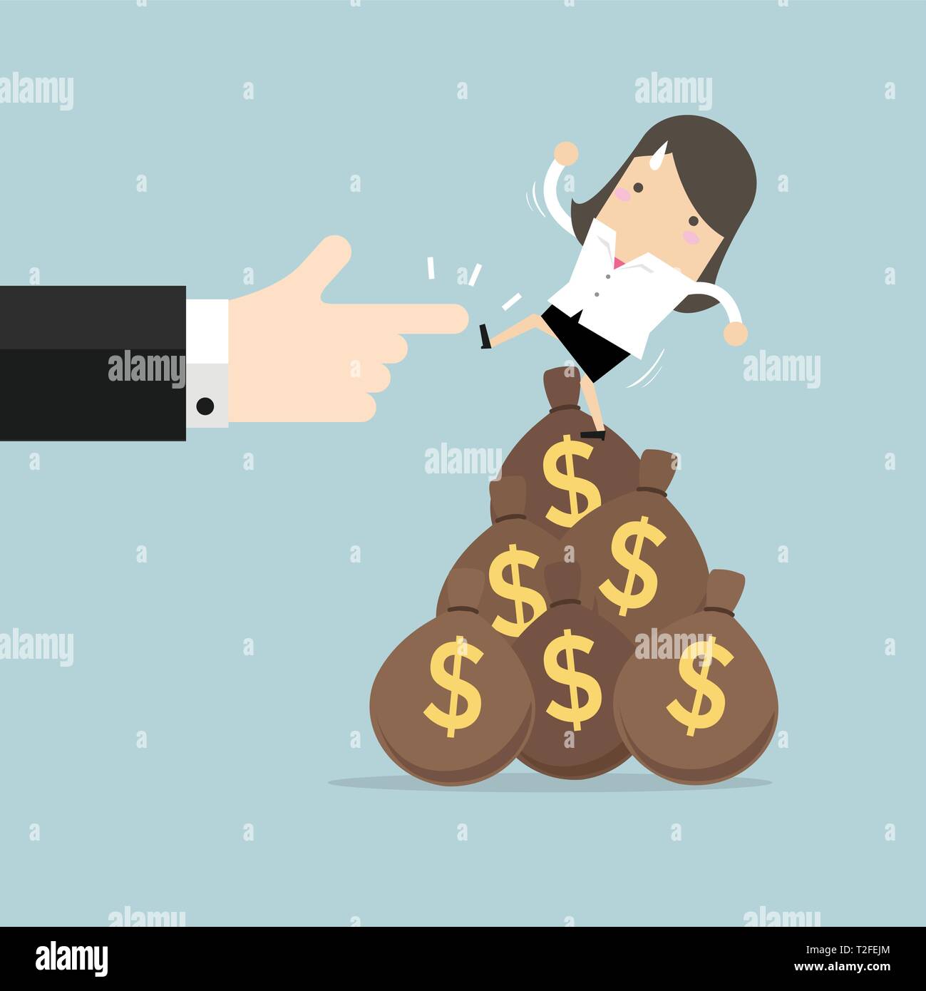 Businesswoman falling from money bag. Stock Vector