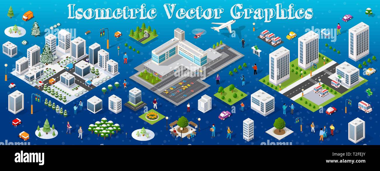 Isometric set module city with skyscraper from urban building vector ...