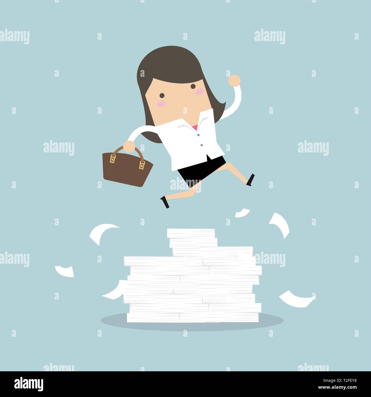 Businesswoman or manager jumping over obstacles. Large stack of documents. Stock Vector