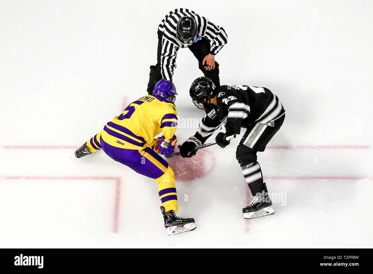 Providence, RI, USA. 30th Mar, 2019. Minnesota State Mavericks forward Jake Jaremko (5) and