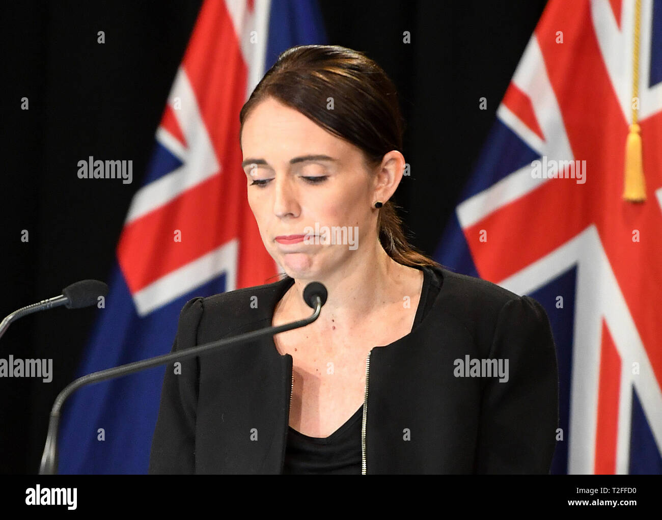 Beijing, New Zealand. 16th Mar, 2019. New Zealand Prime Minister Jacinda Ardern reacts during a briefing in Wellington, capital of New Zealand, on March 16, 2019. Jacinda Ardern reiterated to the public Saturday morning that the country's gun law will be changed. Gunmen opened fire in two separate mosques in Christchurch of New Zealand on Friday killing 50 people. Credit: Guo Lei/Xinhua/Alamy Live News Stock Photo