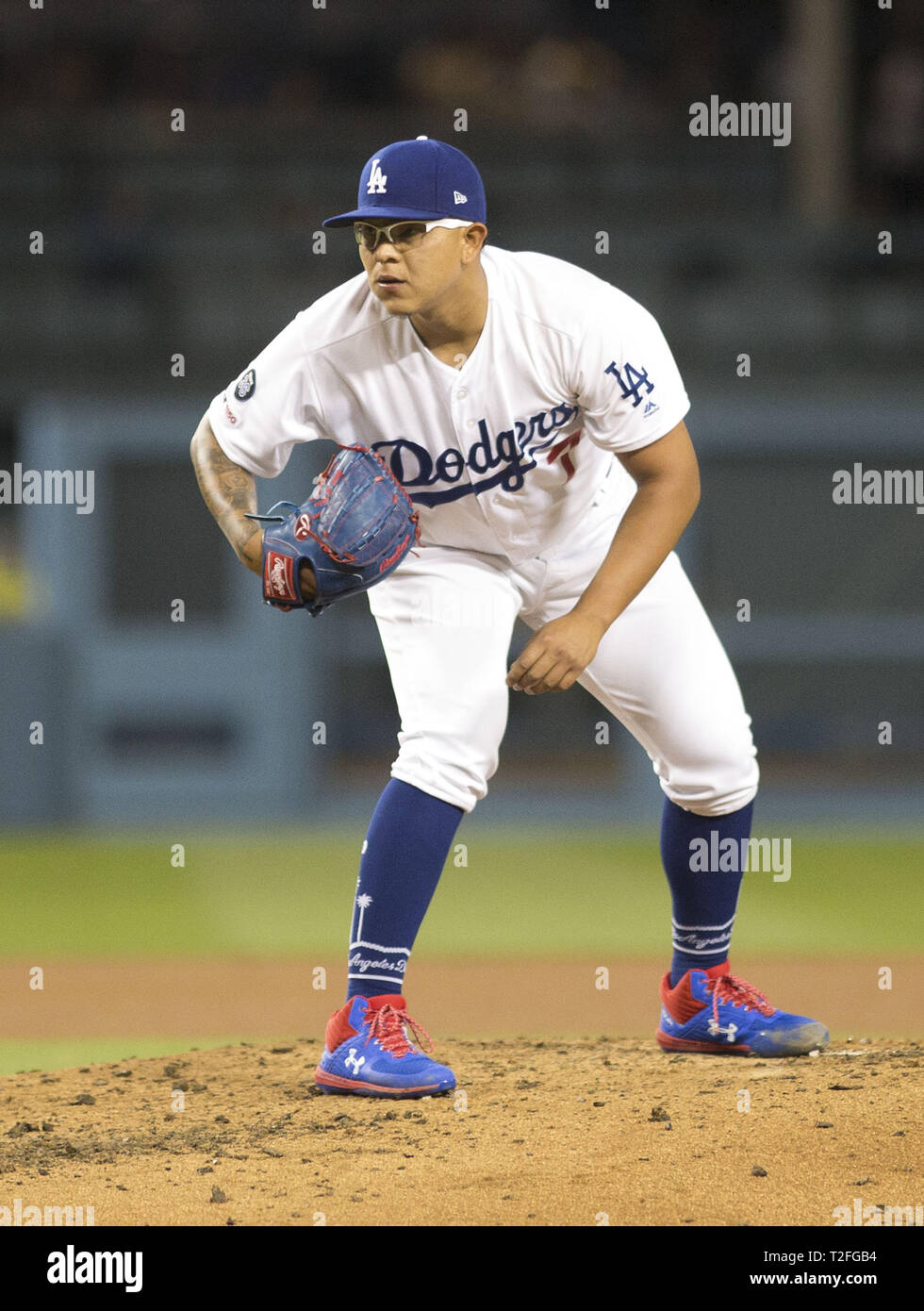 Los Angeles, CALIFORNIA, USA. 1st Apr, 2019. Julio Urias #7 of the Los  Angeles Dodgers pitches during the game against the San Francisco Giants at  Dodger Stadium on April 1, 2019 in