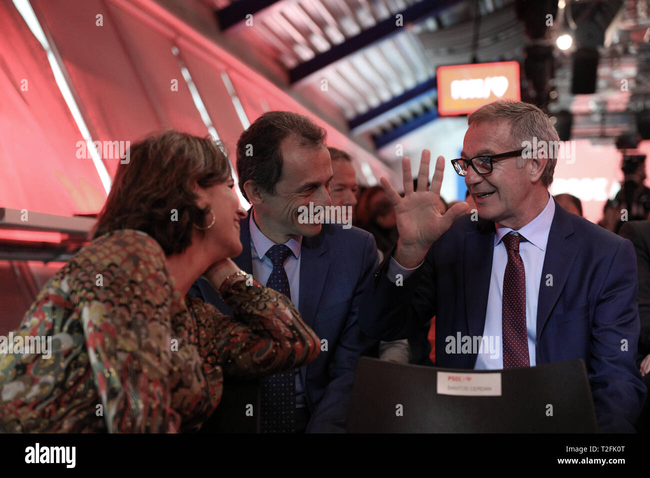 Madrid, Spain. 02nd Apr, 2019. The Ministers Teresa Ribera (L), Pedro Duque andJ osé Guirao(R) seen attending the event to presents the electoral campaign of the Socialists. Credit: Jesús Hellin/Alamy Live News Stock Photo