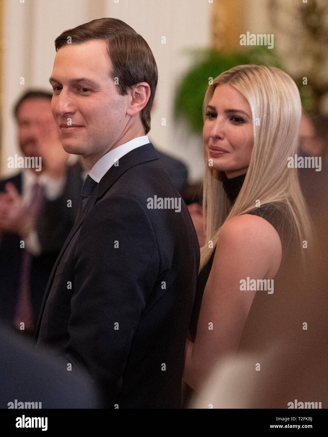 Senior Advisor Jared Kushner, left, and First Daughter and Advisor to the President Ivanka Trump, right, stand as United States President Donald J. Trump makes remarks during the 2019 Prison Reform Summit and First Step Act Celebration in the East Room of the White House in Washington, DC on Monday, April 1, 2019. Credit: Ron Sachs / CNP /MediaPunch Stock Photo
