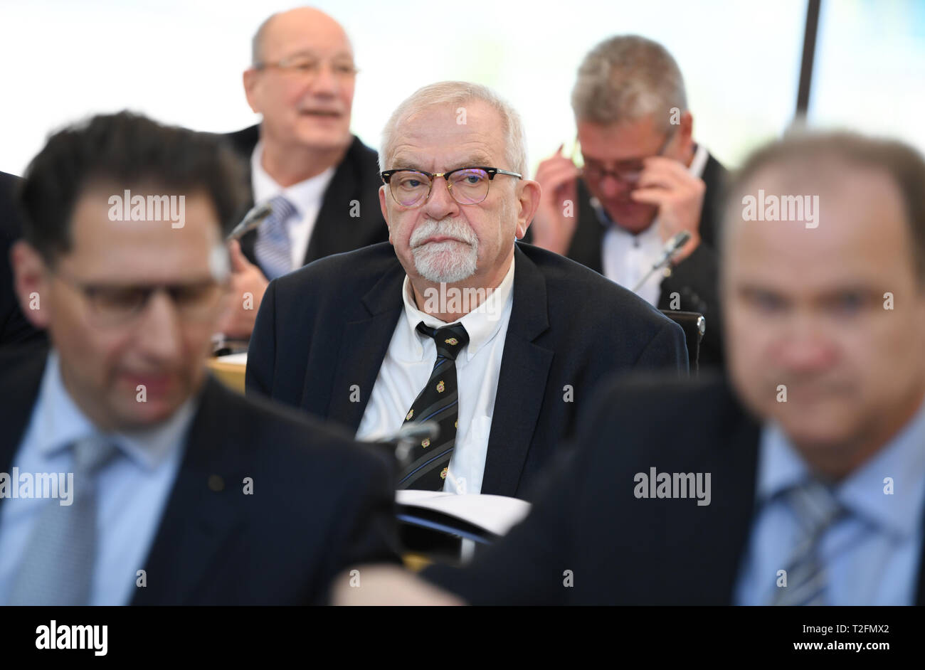 Wiesbaden, Germany. 02nd Apr, 2019. Karl Hermann Bolldorf, member of the state parliament of the AfD, takes part in the plenary session of the Hessian state parliament. Credit: Arne Dedert/dpa/Alamy Live News Stock Photo