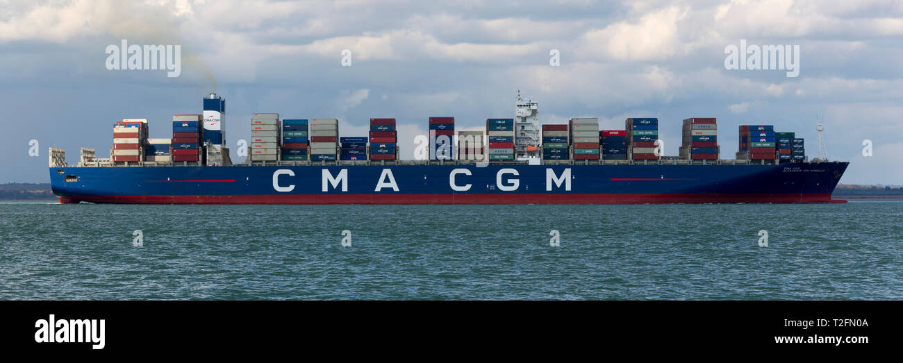 Brexit. Container ship, CMA CGM, Alexander Von,Humboldt. Leaving Southampton Container terminal. The Solent. One of the largest container ships in the world leaves UK container port with only about 70% capacity loaded. Is this a sign of a down turn in UK economy, and or a sign of Brexit uncertainty in British manufacturing economic export sector? Photography by Patrick Eden/Alamy News Credit: Patrick Eden/Alamy Live News Stock Photo