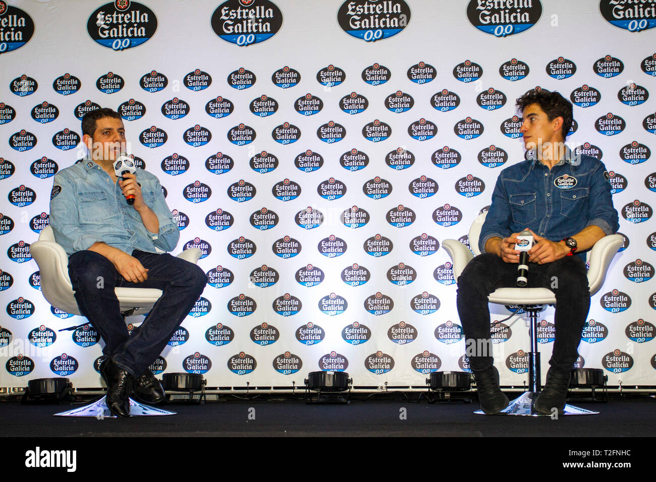 SÃO PAULO, SP - 02.04.2019: COLETIVA DO PILOTO MARC MARQUEZ - Press Conference with pilots Marc Márquez and Alexandre Barros held at Centro Cultural Rio Verde in São Paulo, SP. Held by the sponsor, the Spanish brewery Estrella Galicia, the riders highlighted the 2019 season of Moto GP and Superbike Brazil, respectively. (Photo: Emerson Santos/Fotoarena) Stock Photo