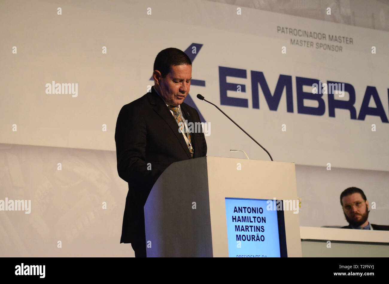 Rio De Janeiro, Brazil. 02nd Apr, 2019. Hamilton Mourão, acting president, during the LAAD Defense &amp; Security International Defense and Security Fair, the largest and most impot defense and security fair in Latin Americarica. The exhibition brings together manufacturers and suppliers of technologies for the Armed Forces, Special Forces, Police and security managers are held this Tuesday (April 02) to April (05) at the Riocentro convention and events complex in Barra da Tijuca in the western part of the city of Rio de Janeiro, RJ. Credit: Luiz Gomes/FotoArena/Alamy Live News Stock Photo