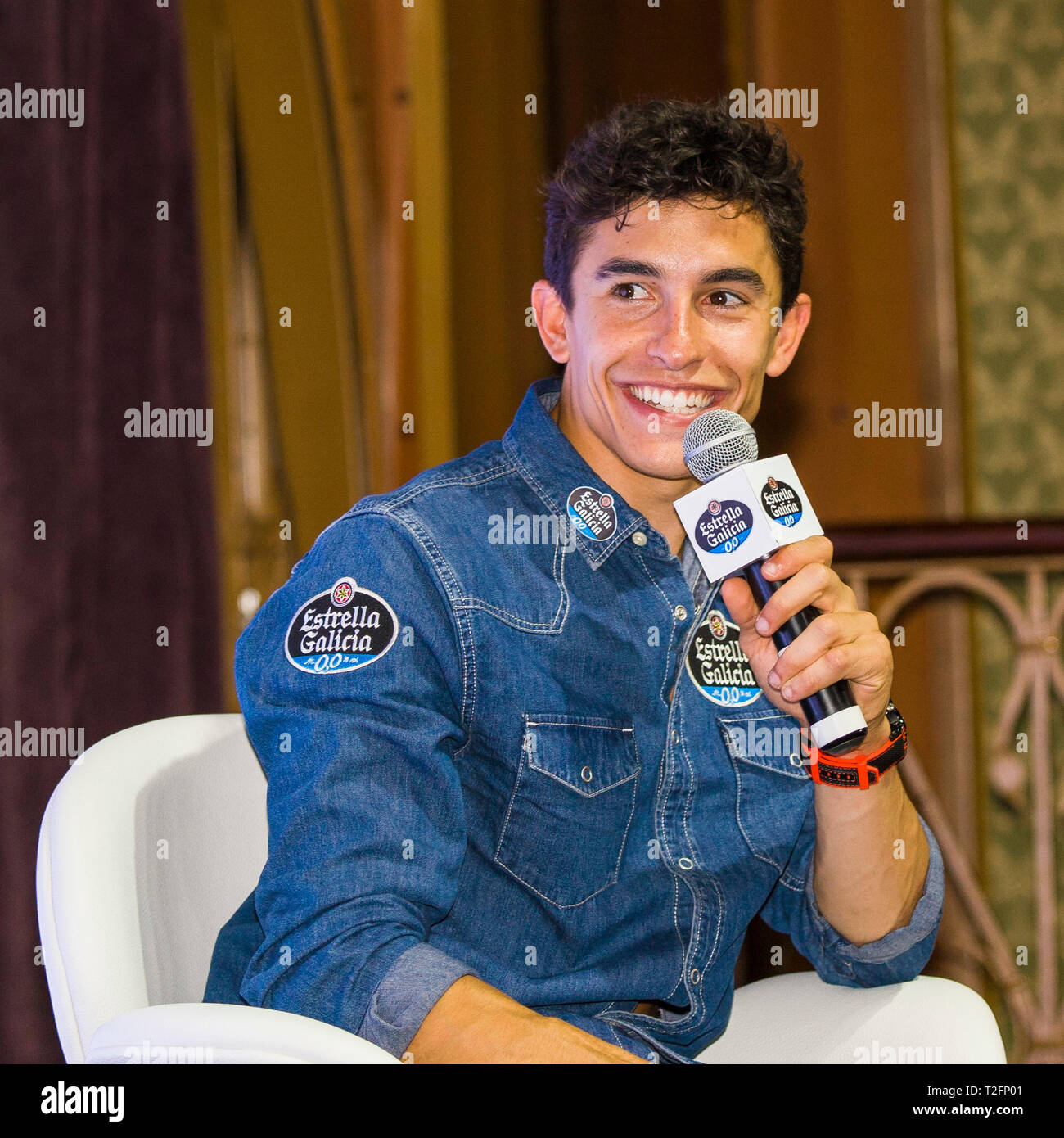 SÃO PAULO, SP - 02.04.2019: COLETIVA DO PILOTO MARC MARQUEZ - Press Conference with pilots Marc Márquez and Alexandre Barros held at Centro Cultural Rio Verde in São Paulo, SP. Held by the sponsor, the Spanish brewery Estrella Galicia, the riders highlighted the 2019 season of Moto GP and Superbike Brazil, respectively. (Photo: Emerson Santos/Fotoarena) Stock Photo