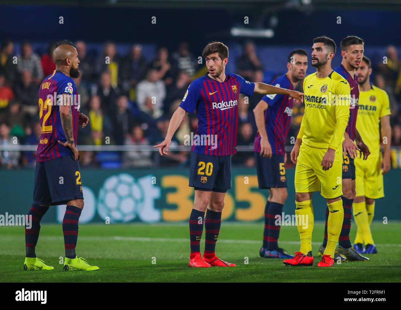 Villarreal, Spain. 02nd Apr, 2019. Arturo Vidal, Sergi Roberto and Alvaro Gonzalez during the football match between Villarreal CF and FC Barcelona on April 2, 2019 at Ceramica Stadium in Villarreal, Spain.  Cordon Press Credit: CORDON PRESS/Alamy Live News Stock Photo