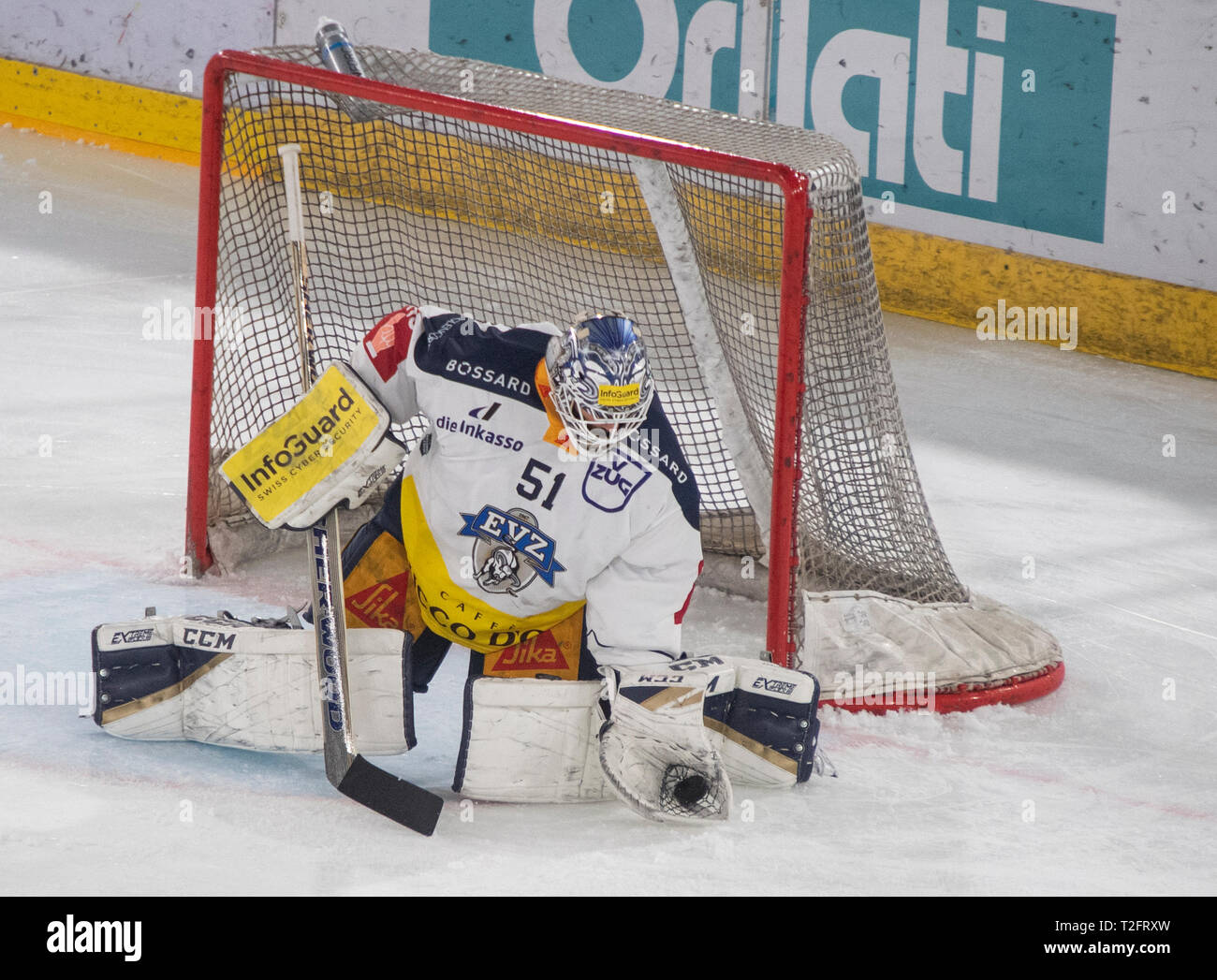 Lausanne, Switzerland. 2nd april, 2019. LNA SWISS ICE HOCKEY LAUSANNE HC VS EV ZUG - Lausanne Hc Vs RV Zug at Vaudoise Arena, Lausanne (Playoffs, Semi-final Act IV), 02-04-2019. Credit: Eric Dubost/Alamy Live News Stock Photo