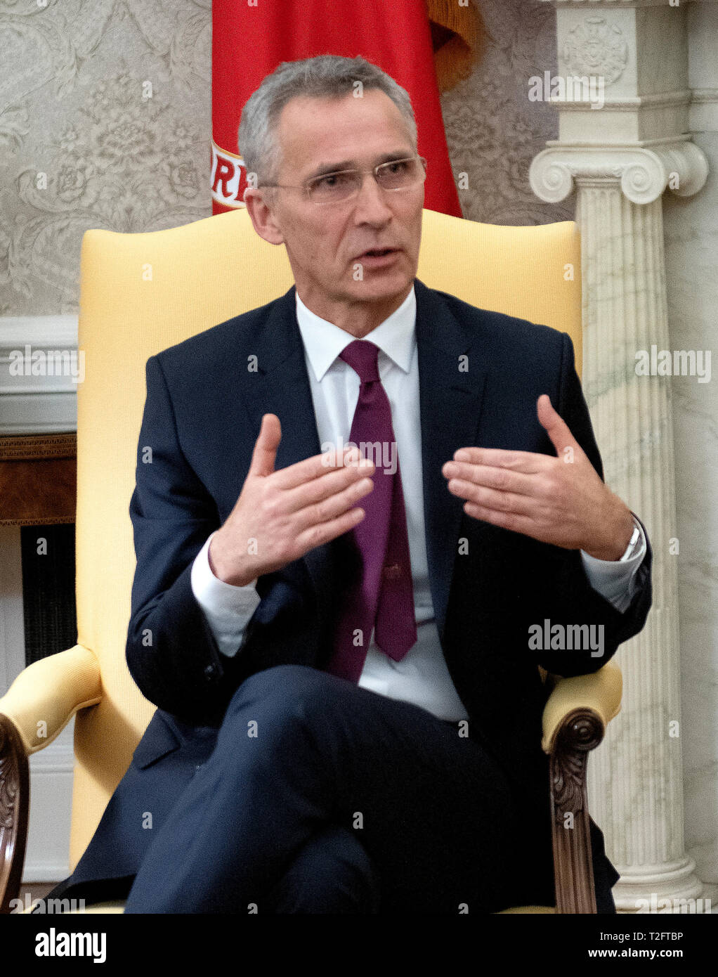 Washington DC, USA. 02nd Apr, 2019. Jens Stoltenberg, Secretary General of the North Atlantic Treaty Organization (NATO) answers a reporter's question as he meets United States President Donald J. Trump in the Oval Office of the White House in Washington, DC on Tuesday, April 2, 2019. Credit: Ron Sachs/Pool via CNP /MediaPunch Credit: MediaPunch Inc/Alamy Live News Stock Photo