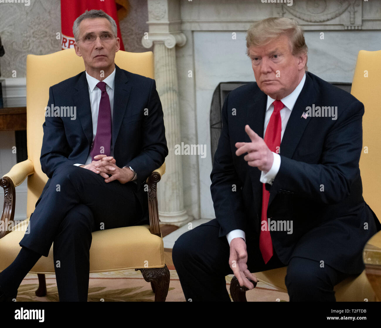 Washington DC, USA. 02nd Apr, 2019. United States President Donald J. Trump meets Jens Stoltenberg, Secretary General of the North Atlantic Treaty Organization (NATO) in the Oval Office of the White House in Washington, DC on Tuesday, April 2, 2019. Credit: Ron Sachs/Pool via CNP /MediaPunch Credit: MediaPunch Inc/Alamy Live News Stock Photo