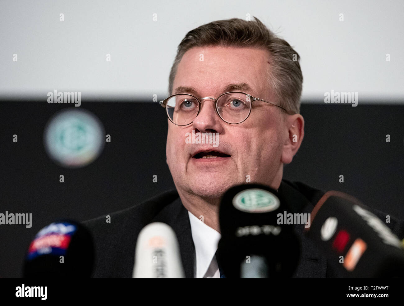 Frankfurt, Germany. 2nd Apr, 2019. President of the German Football Association (DFB) Reinhard Grindel delivers a statement during a press conference at the headquarters of DFB in Frankfurt, Germany, on April 2, 2019. Reinhard Grindel has resigned after allegations of undeclared earnings, the DFB have confirmed in an official statement on Tuesday. Credit: Florian Ulrich/Xinhua/Alamy Live News Stock Photo