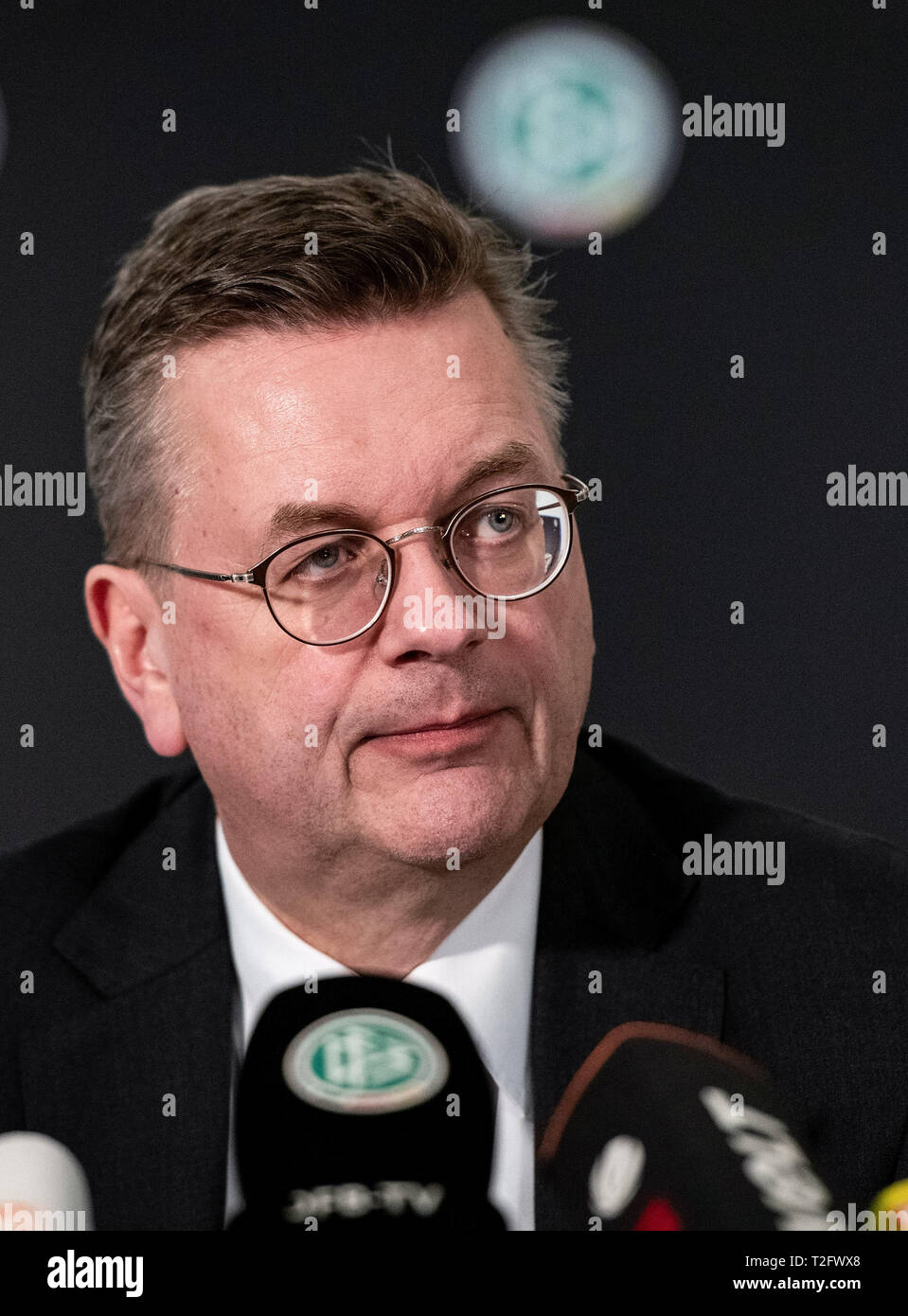 Frankfurt, Germany. 2nd Apr, 2019. President of the German Football Association (DFB) Reinhard Grindel delivers a statement during a press conference at the headquarters of DFB in Frankfurt, Germany, on April 2, 2019. Reinhard Grindel has resigned after allegations of undeclared earnings, the DFB have confirmed in an official statement on Tuesday. Credit: Florian Ulrich/Xinhua/Alamy Live News Stock Photo