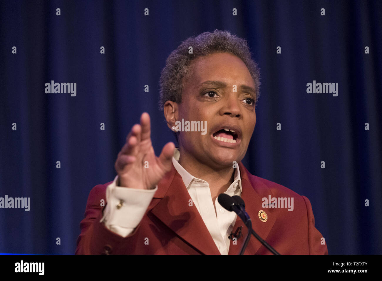 Chicago, IL, USA. 2nd Apr, 2019. Mayoral elect Lori Lightfoot giving
