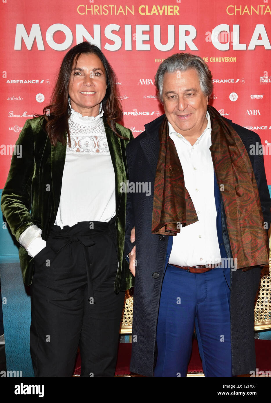 Berlin, Germany. 02nd Apr, 2019. The French actor Christian Clavier and his  wife Isabelle De Araujo at the premiere of the French comedy "Monsieur  Claude 2" in the Kino International. Credit: Jens