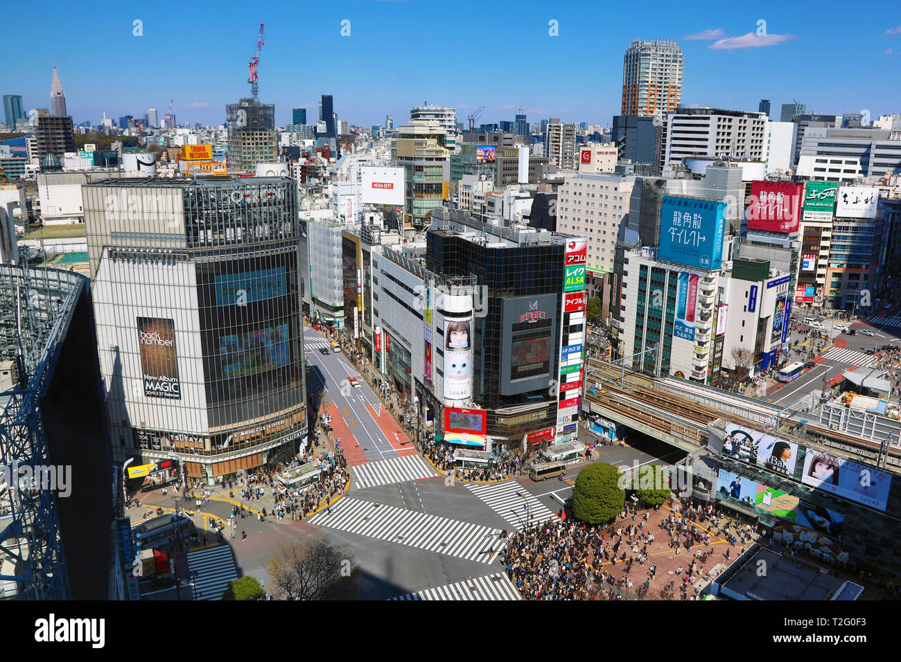 Aerial view of the Shibuya pedestrian crossing in Shibuya, Tokyo, Japan Stock Photo