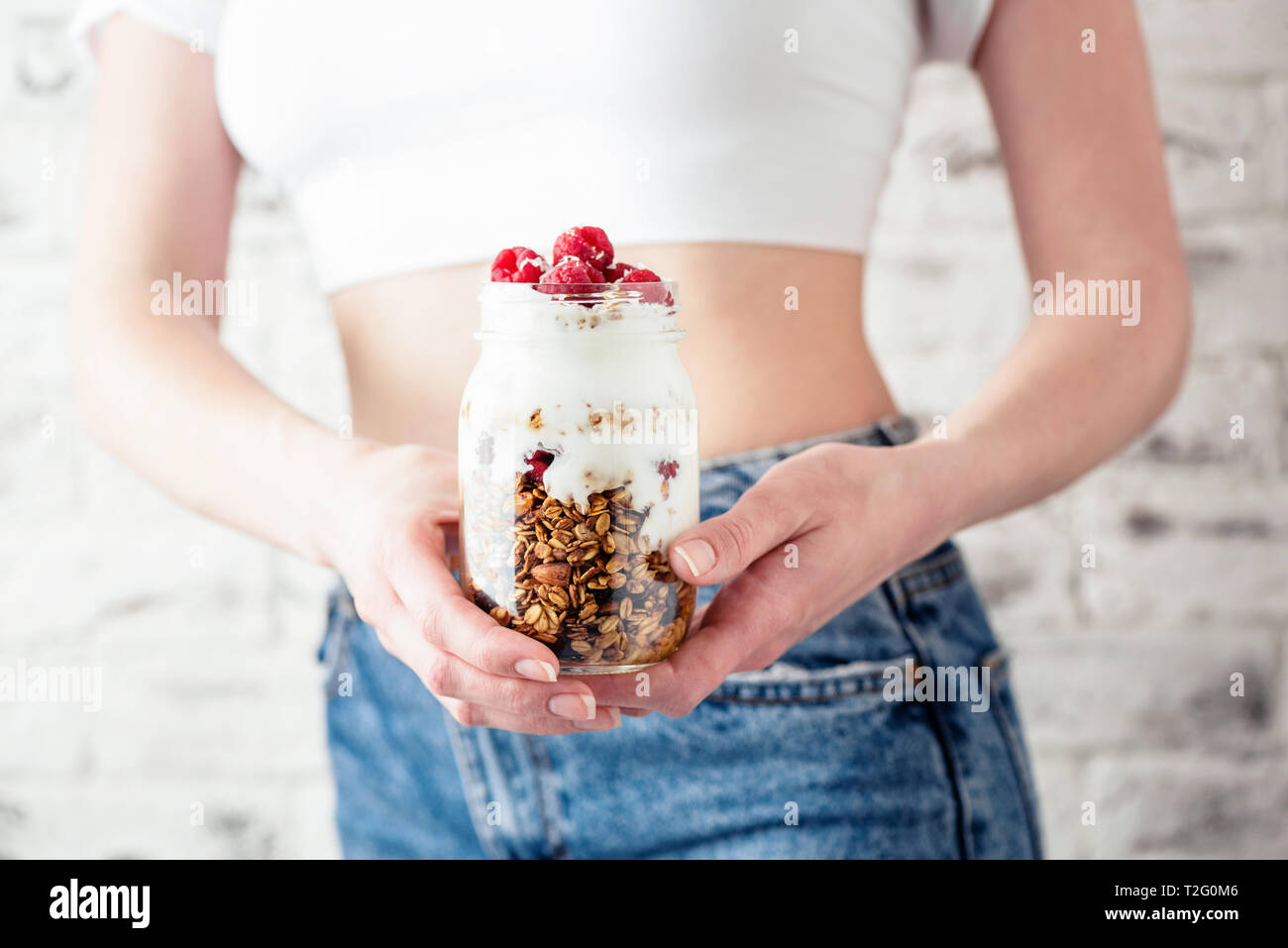 Yogurt With Granola And Berries Balanced Diet. Vegetarian Healthy Breakfast Meal Yogurt Parfait