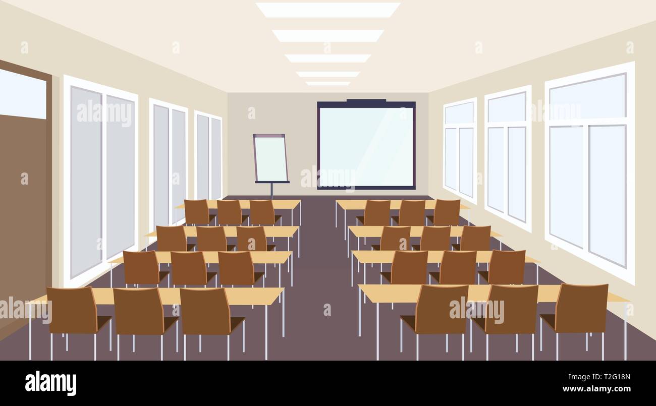 modern meeting conference presentation classroom interior with desks chairs and blank screen lecture seminar hall large sitting capacity empty no peop Stock Vector