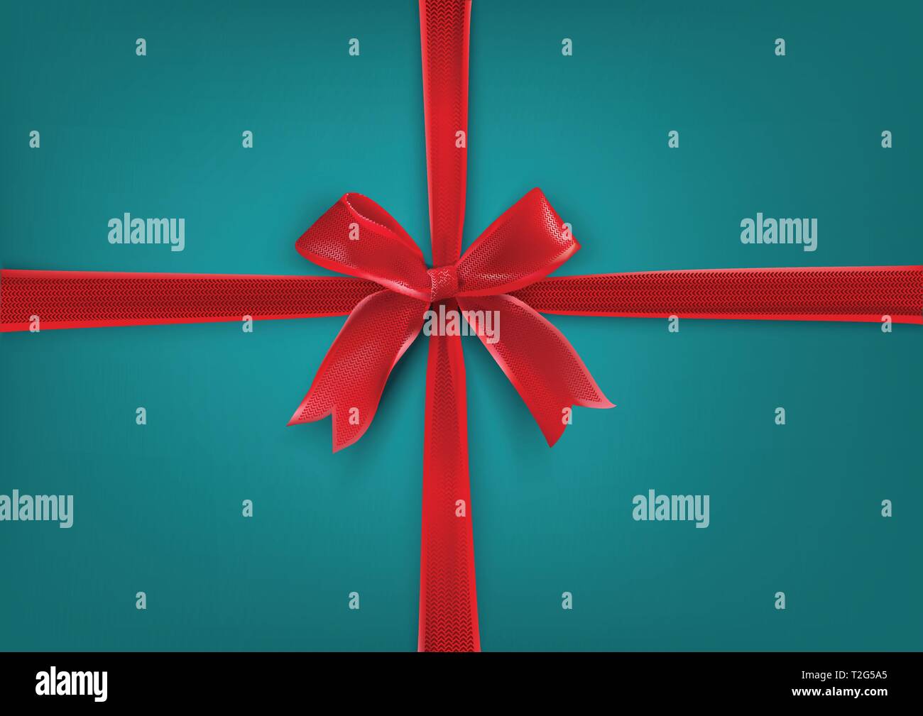 Red realistic bow on the turquoise background. Gift background Stock Vector