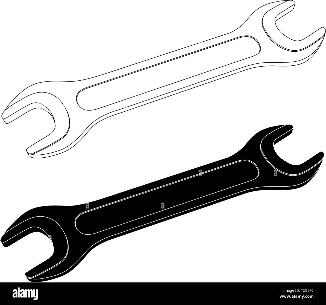 Wrench. Black and white outline drawing. Vector illustration isolated on white background Stock